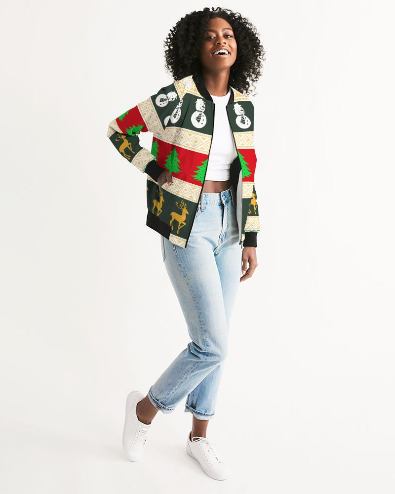 Multi Colored Snowman Tree Wonderland White Women's Bomber Jacket TeeSpect