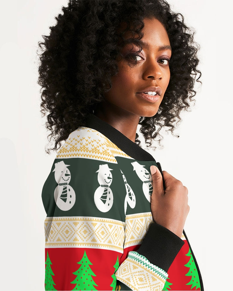 Multi Colored Snowman Tree Wonderland White Women's Bomber Jacket TeeSpect