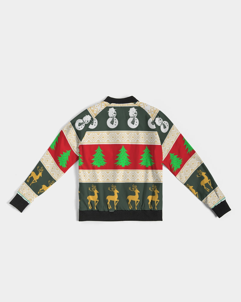 Multi Colored Snowman Tree Wonderland White Women's Bomber Jacket TeeSpect