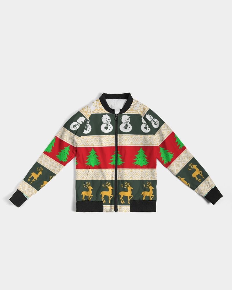 Multi Colored Snowman Tree Wonderland White Women's Bomber Jacket TeeSpect
