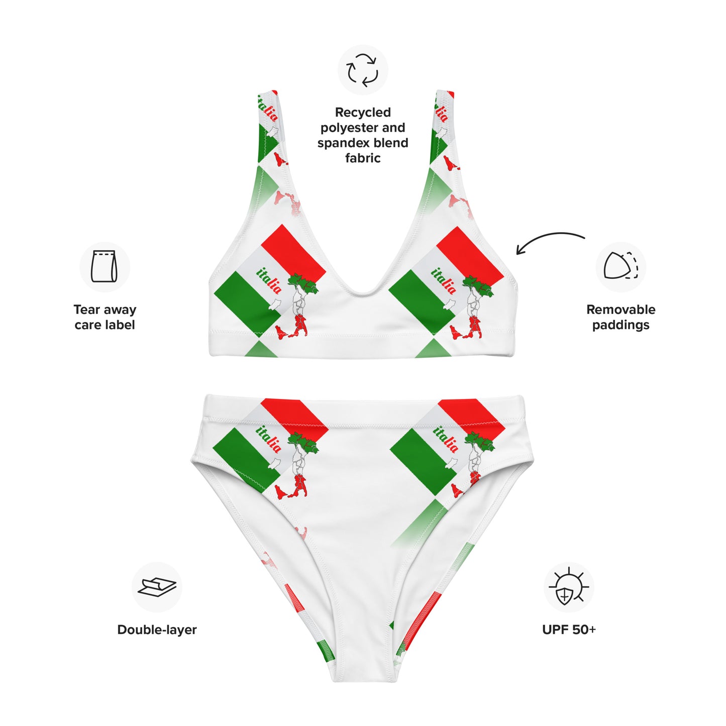 Elegant Italia-Italy Flag And Map Recycled High-Waisted Bikini