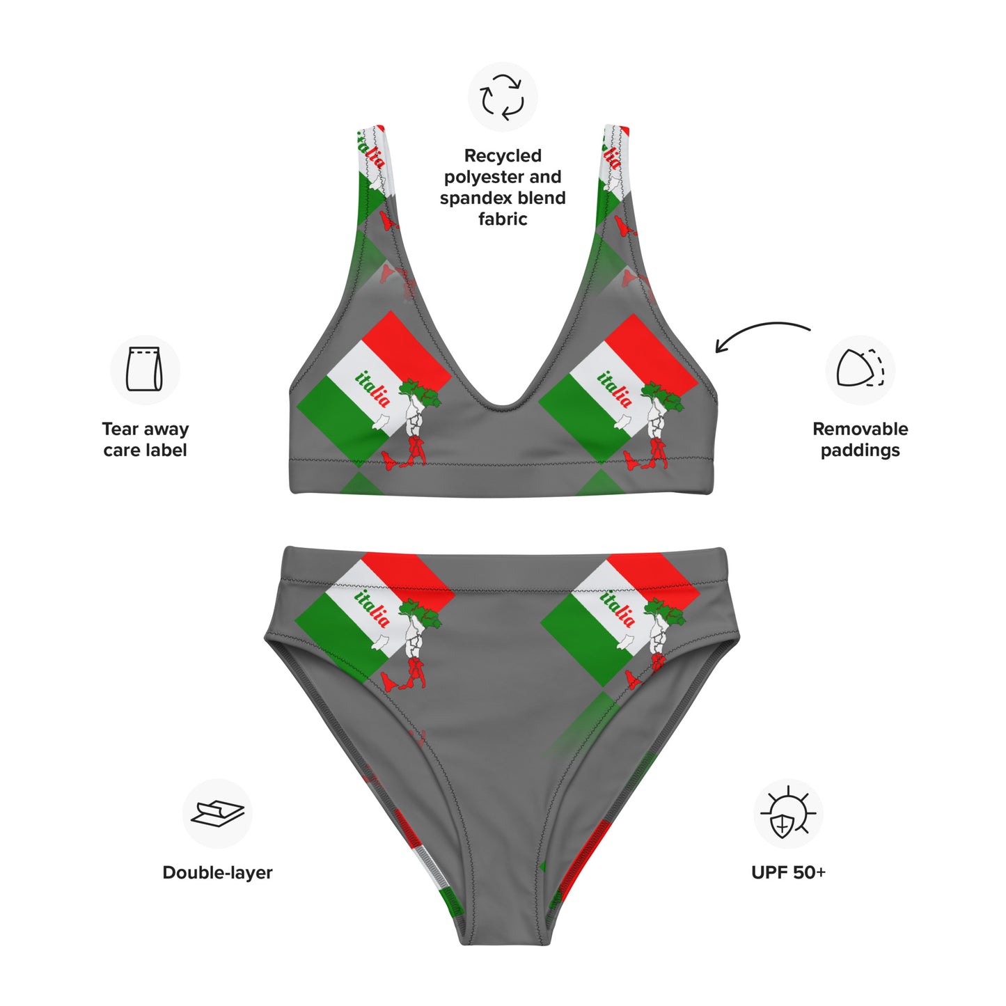 Elegant Italia-Italy Flag And Map Recycled High-Waisted Bikini
