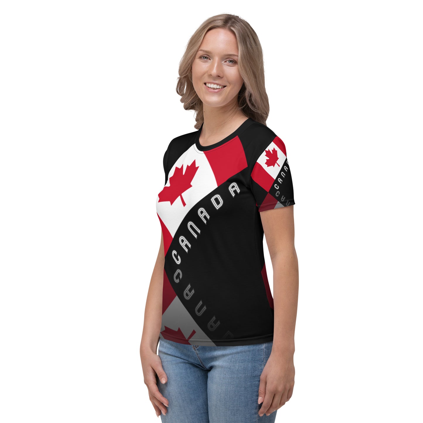Elegant Maple Leaf Canada AOP Women's Crew Neck Black T-Shirt