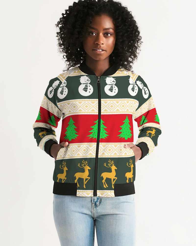 Multi Colored Snowman Tree Wonderland White Women's Bomber Jacket TeeSpect