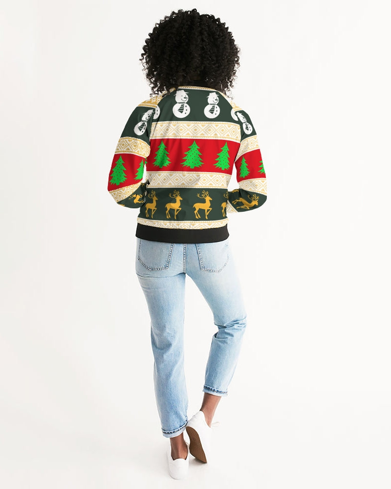 Multi Colored Snowman Tree Wonderland White Women's Bomber Jacket TeeSpect
