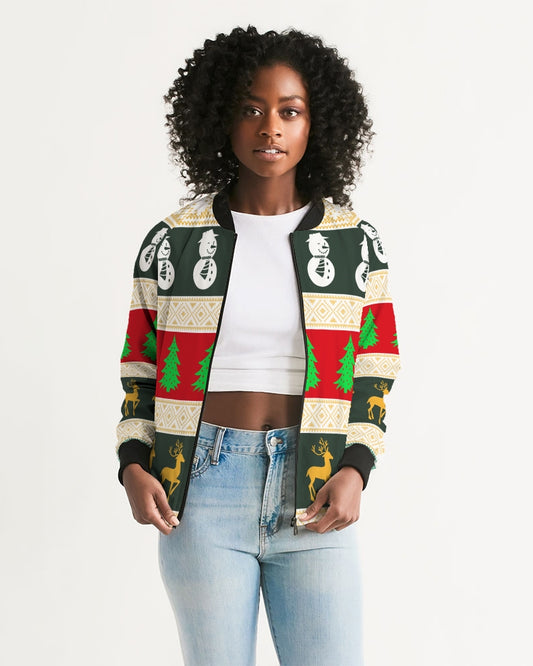 Multi Colored Snowman Tree Wonderland White Women's Bomber Jacket TeeSpect