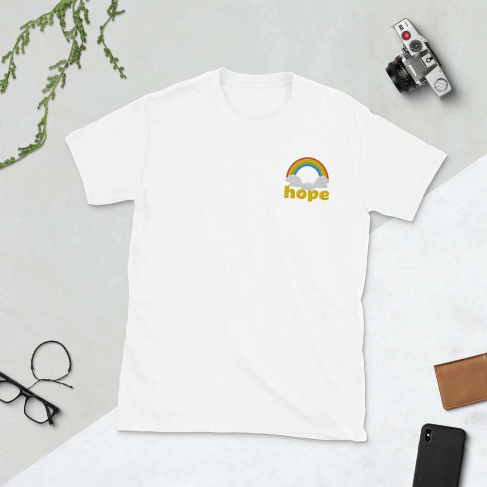 Hope Rainbow Clouds Embroidery Unisex, Soft Cotton, Softstyle Short-Sleeve T-Shirt TeeSpect
