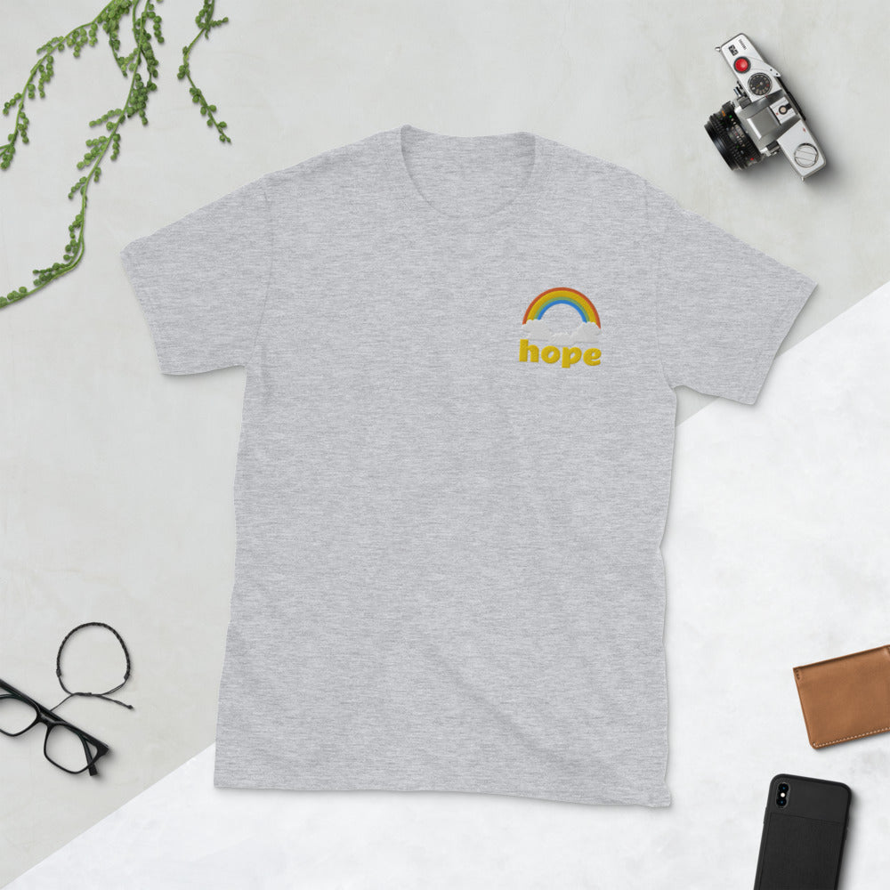 Hope Rainbow Clouds Embroidery Unisex, Soft Cotton, Softstyle Short-Sleeve T-Shirt TeeSpect