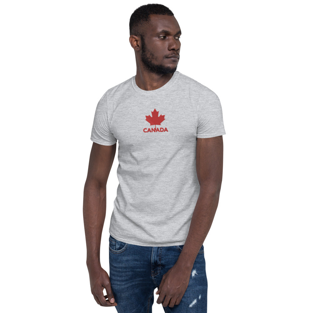 Embroidered CANADA And Maple Leaf On Center Chest, Unisex Soft Cotton, Softstyle Short-Sleeve T-Shirt TeeSpect
