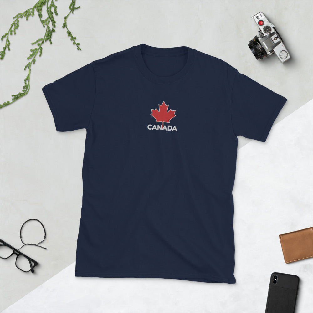 Embroidered CANADA And Maple Leaf On Center Chest, Unisex Soft Cotton, Softstyle Short-Sleeve T-Shirt TeeSpect