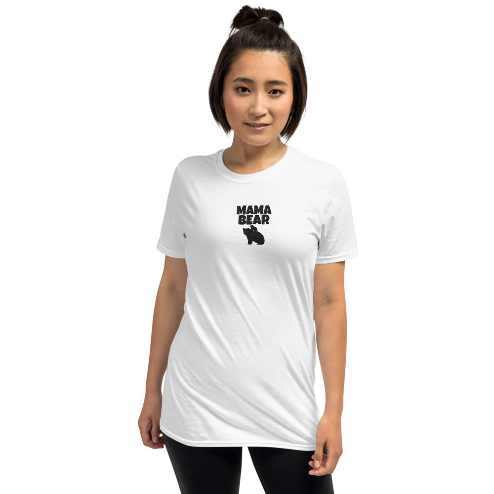 Bold Mama Bear Embroidered White Softstyle Short-Sleeve Unisex T-Shirt TeeSpect