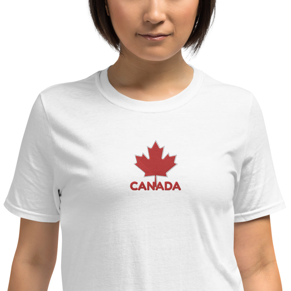 Embroidered CANADA And Maple Leaf On Center Chest, Unisex Soft Cotton, Softstyle Short-Sleeve T-Shirt TeeSpect