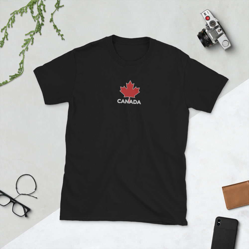 Embroidered CANADA And Maple Leaf On Center Chest, Unisex Soft Cotton, Softstyle Short-Sleeve T-Shirt TeeSpect