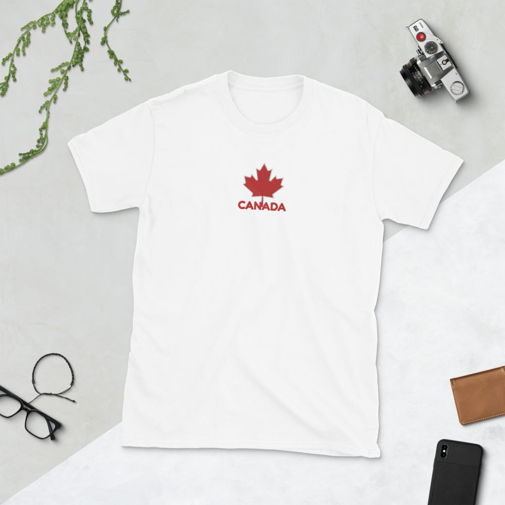 Embroidered CANADA And Maple Leaf On Center Chest, Unisex Soft Cotton, Softstyle Short-Sleeve T-Shirt TeeSpect