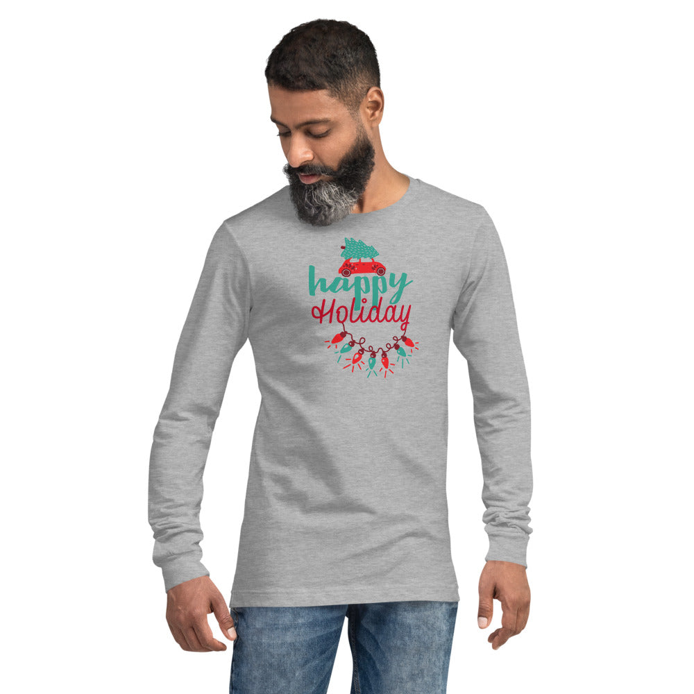 Happy Holiday Lights Truck Custom Text Personalized Unisex Long Sleeve Tee | Bella + Canvas 3501 TeeSpect