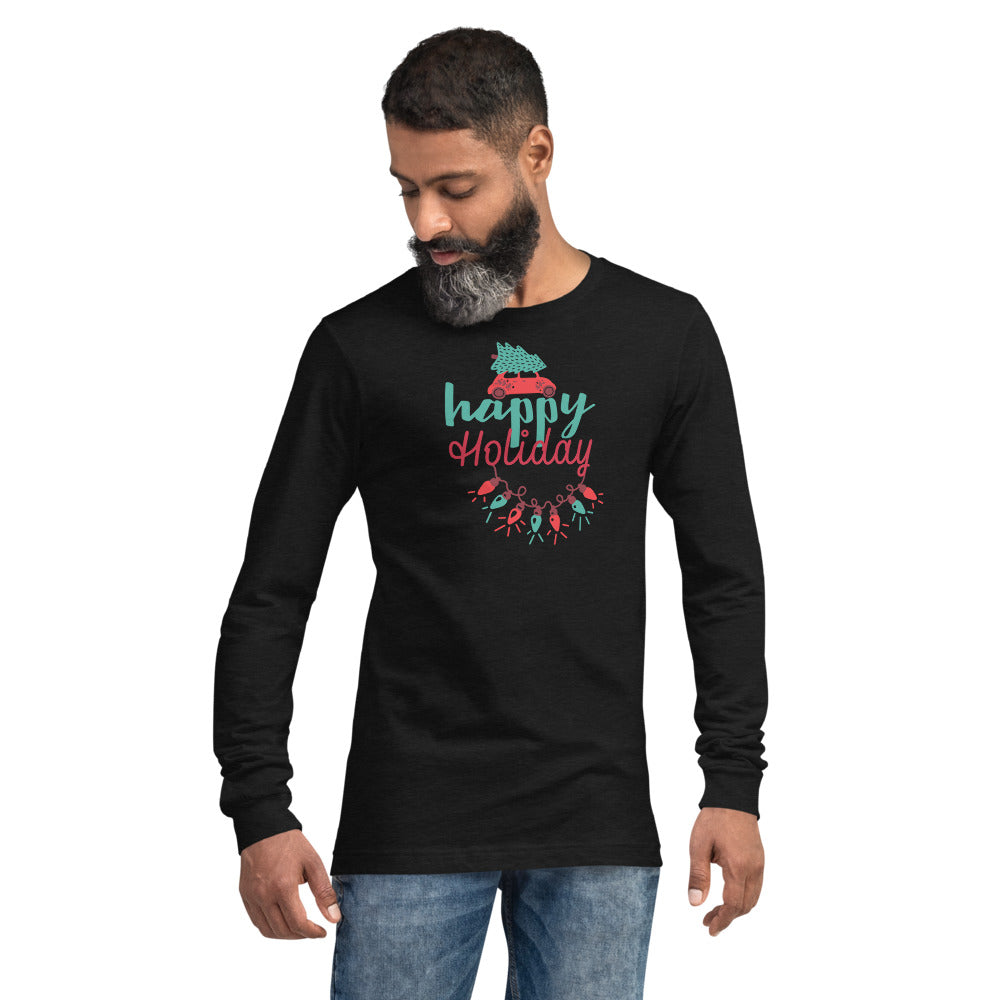 Happy Holiday Lights Truck Custom Text Personalized Unisex Long Sleeve Tee | Bella + Canvas 3501 TeeSpect