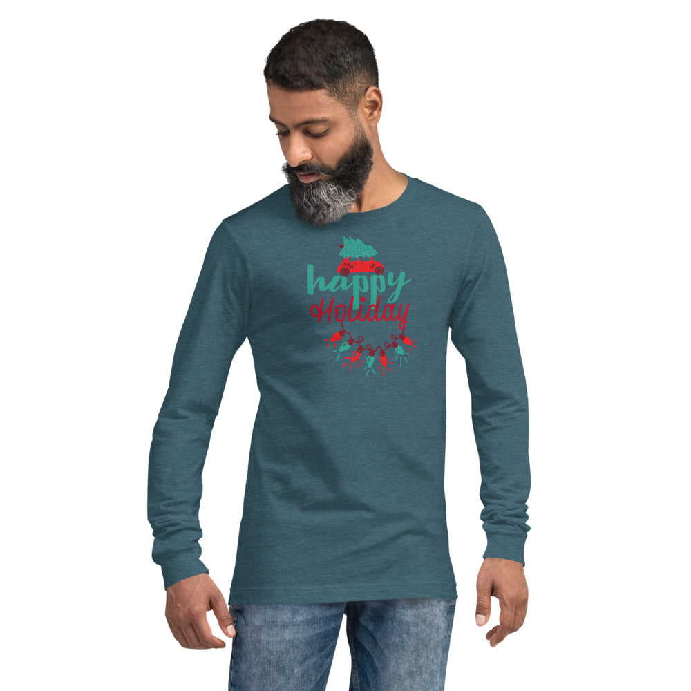 Happy Holiday Lights Truck Custom Text Personalized Unisex Long Sleeve Tee | Bella + Canvas 3501 TeeSpect