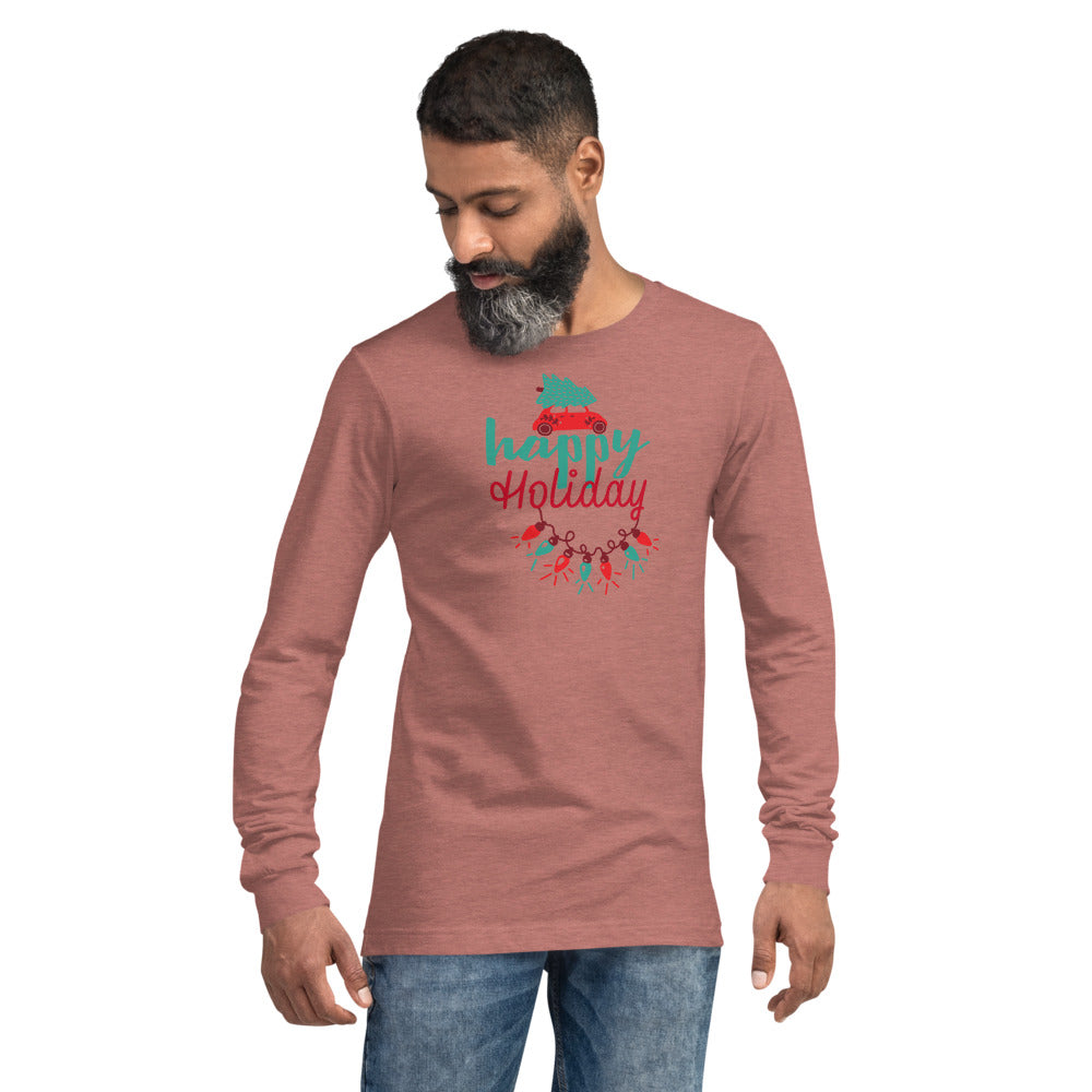 Happy Holiday Lights Truck Custom Text Personalized Unisex Long Sleeve Tee | Bella + Canvas 3501 TeeSpect