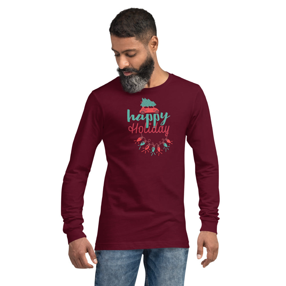 Happy Holiday Lights Truck Custom Text Personalized Unisex Long Sleeve Tee | Bella + Canvas 3501 TeeSpect