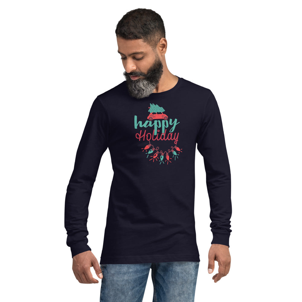 Happy Holiday Lights Truck Custom Text Personalized Unisex Long Sleeve Tee | Bella + Canvas 3501 TeeSpect
