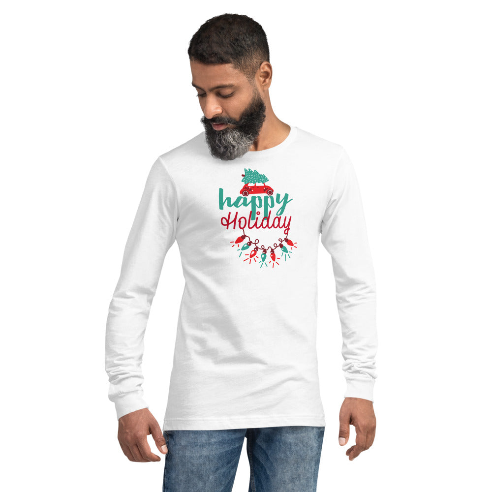 Happy Holiday Lights Truck Custom Text Personalized Unisex Long Sleeve Tee | Bella + Canvas 3501 TeeSpect