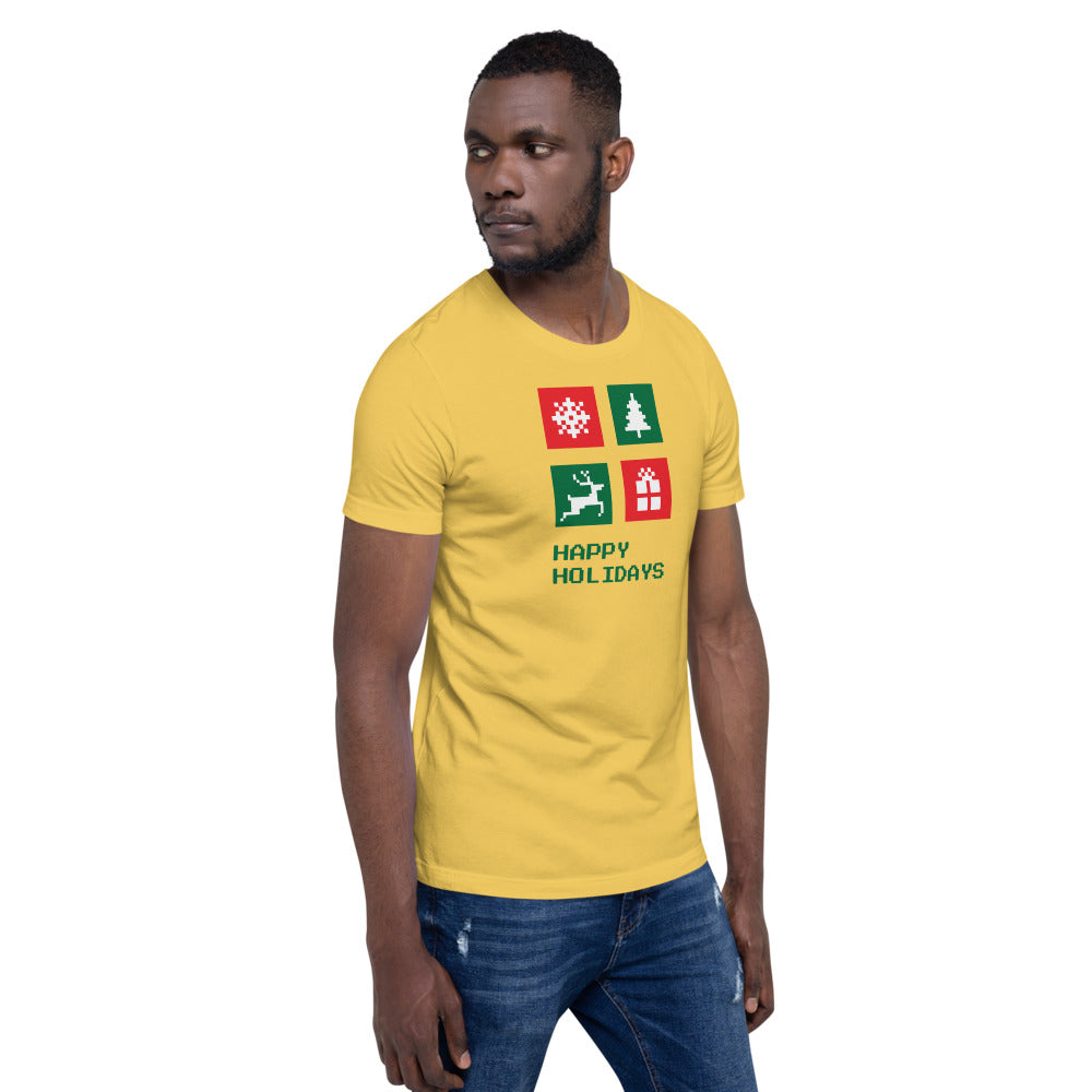 Happy Holiday Icon Box Custom Text Personalized Unisex Staple T-Shirt TeeSpect