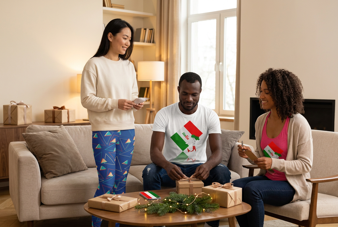 Holiday gift-planning scene featuring models in TeeSpect apparel with wrapped gifts.