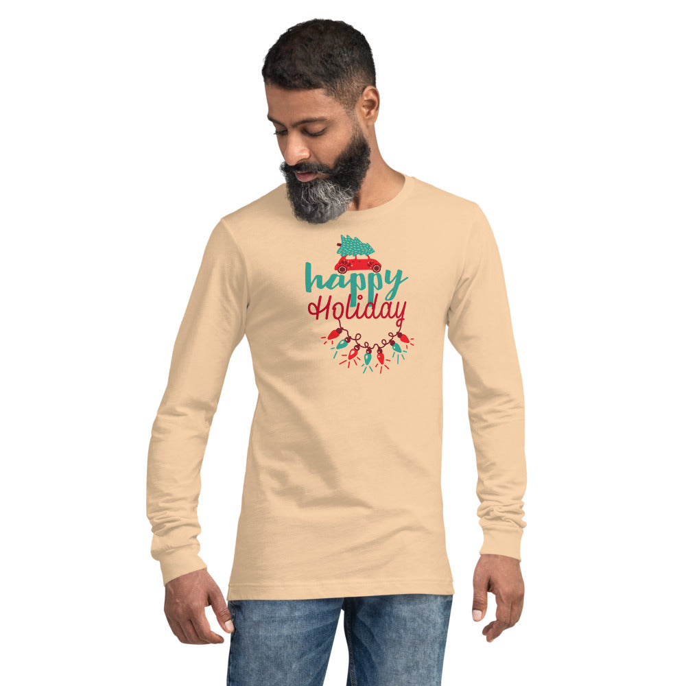 Happy Holiday Lights Truck Custom Text Personalized Unisex Long Sleeve Tee | Bella + Canvas 3501 TeeSpect